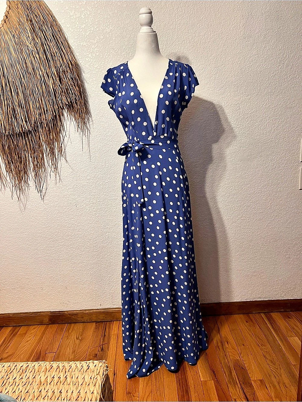 Tularosa Sid Wrap Dress Blue & White Polka Dot Maxi Dress